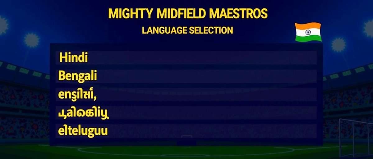 Mighty Midfield Maestros language selection screen displaying various Indian languages including Hindi, Bengali, Tamil and Telugu