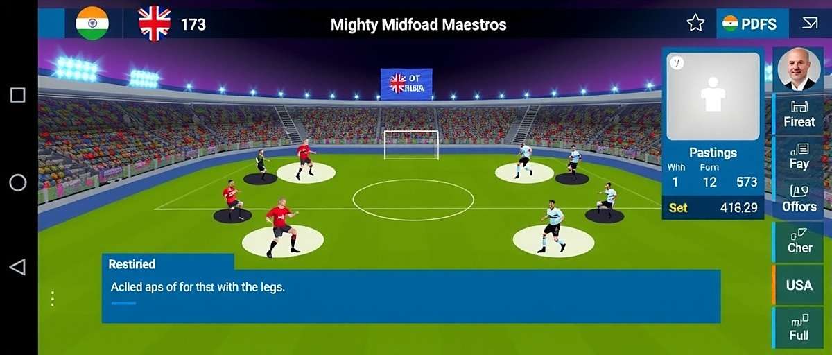 Mighty Midfield Maestros gameplay screenshot showing the tactical positioning interface with Indian stadium background