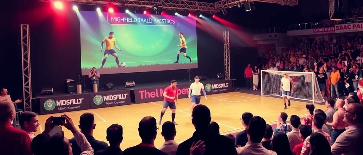 Mighty Midfield Maestros tournament event in India with players competing on stage and large audience